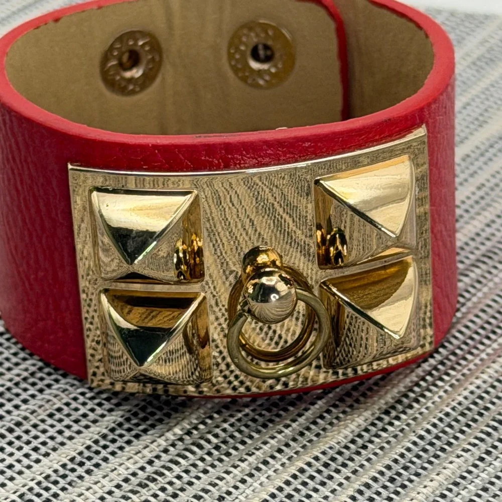 Red Faux Leather Studded Cuff Bracelet Gold Pyramid Door Knocker Ring Edgy Punk